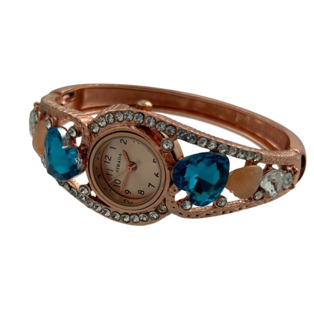 Strada Rose Gold Bangle Watch Blue Heart Rhinestones Bracelet Style Bling